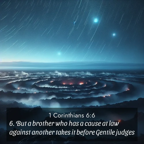 BasicEnglish 1 Corinthians  ; image nature: image with the bible verse :But a brother who has a cause at law against another takes it before Gentile judges. ; Discover breathtaking Bible verse images combined with vibrant landscapes like rolling hills, blooming gardens, and starry nights. Use them as wallpapers or to inspire others. Download verses like KJV 1 Corinthians 6:6. Current verse is overlayed with the thematic nature scene : Volcanic steam rises through a field of black lava. Stars wheel overhead in the thin air. ; 6:6