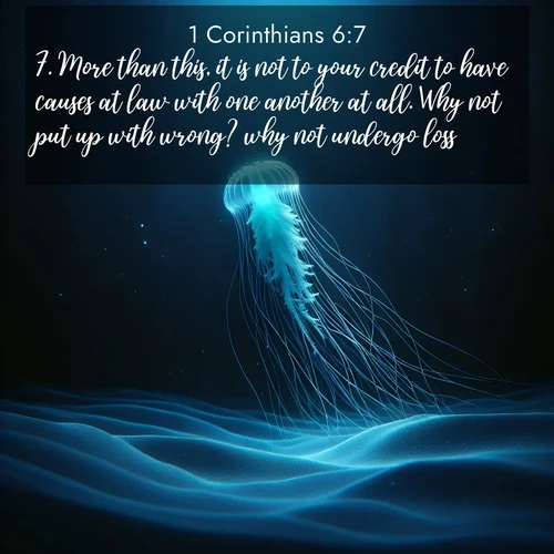 BasicEnglish 1 Corinthians  ; image nature: image with the bible verse :More than this, it is not to your credit to have causes at law with one another at all. Why not put up with wrong? why not undergo loss? ; Explore winter-themed Bible verse images illustrated by snowy mountains, frost-covered branches, and clear skies. These landscapes reflect divine purity and peace. Download verses like KJV 1 Corinthians 6:7. Current verse is overlayed with the thematic nature scene : A lone jellyfish pulses through midnight waters. Its bioluminescent tendrils paint trails of azure light in the depths. ; 6:7
