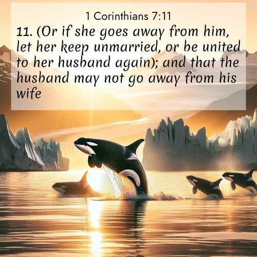 BasicEnglish 1 Corinthians  ; image nature: image with the bible verse :(Or if she goes away from him, let her keep unmarried, or be united to her husband again); and that the husband may not go away from his wife. ; Browse our selection of stunning Bible verse images featuring unique natural scenes like fiery autumn forests, serene meadows, and starlit skies. Download and share verses like KJV 1 Corinthians 7:11 for free. Current verse is overlayed with the thematic nature scene : Wild orcas breach in sunset-painted waters. Their splashes echo off glacier walls. ; 7:11