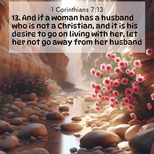BasicEnglish 1 Corinthians  ; image nature: image with the bible verse :And if a woman has a husband who is not a Christian, and it is his desire to go on living with her, let her not go away from her husband. ; Download high-resolution Bible verse images showcasing the beauty of God&#039;s creation—from radiant sunsets to tranquil rivers. Free for use as wallpapers or sharing verses like KJV 1 Corinthians 7:13. Current verse is overlayed with the thematic nature scene : Desert roses bloom in a hidden canyon after rare rainfall. Their pink petals contrast against weathered sandstone walls. ; 7:13