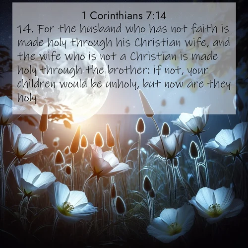 BasicEnglish 1 Corinthians  ; image nature: image with the bible verse :For the husband who has not faith is made holy through his Christian wife, and the wife who is not a Christian is made holy through the brother: if not, your children would be unholy, but now are they holy. ; Browse our collection of vibrant Bible verse images set against calming backdrops like tropical shores, quiet woods, and majestic mountains. Download free wallpapers featuring KJV 1 Corinthians 7:14. Current verse is overlayed with the thematic nature scene : Moonflowers open to the rising full moon. Night insects hum in harmony. ; 7:14