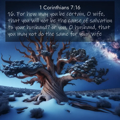 BasicEnglish 1 Corinthians  ; image nature: image with the bible verse :For how may you be certain, O wife, that you will not be the cause of salvation to your husband? or you, O husband, that you may not do the same for your wife? ; Discover Bible verses beautifully integrated with natural scenes of varied seasons, featuring summer skies, winter snow, autumn leaves, and spring blooms. Each image captures the splendor and peace of God&#039;s creation. Share verses like KJV 1 Corinthians 7:16. Current verse is overlayed with the thematic nature scene : Ancient bristlecone pine twists against a navy twilight sky, its gnarled branches laden with fresh snow. The Milky Way arcs overhead in crystalline clarity. ; 7:16