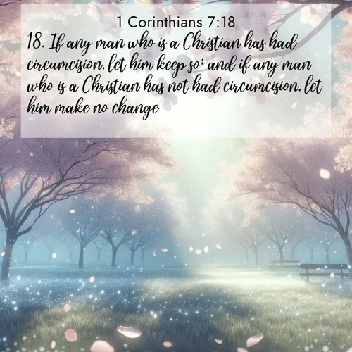 BasicEnglish 1 Corinthians  ; image nature: image with the bible verse :If any man who is a Christian has had circumcision, let him keep so; and if any man who is a Christian has not had circumcision, let him make no change. ; Dive into a gallery of Bible verses illustrated by tropical beach scenes, featuring sparkling waves, seashells, and radiant sunrises. These images evoke divine peace and joy. Download and share inspiring verses like KJV 1 Corinthians 7:18. Current verse is overlayed with the thematic nature scene : Spring rain falls on cherry trees in full bloom, petals drifting like snow. ; 7:18