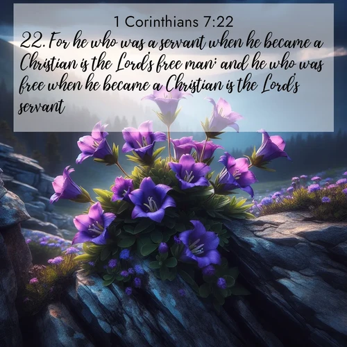 BasicEnglish 1 Corinthians  ; image nature: image with the bible verse :For he who was a servant when he became a Christian is the Lord&#039;s free man; and he who was free when he became a Christian is the Lord&#039;s servant. ; Explore Bible verses paired with beach photos, where waves gently crash on the sand and the sky glows with pastel hues at sunset. These scenes convey deep serenity. Download verses like KJV 1 Corinthians 7:22. Current verse is overlayed with the thematic nature scene : Wild gentians bloom in rocky cracks. Summer storms gather above treeline. ; 7:22
