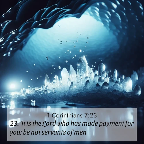BasicEnglish 1 Corinthians  ; image nature: image with the bible verse :It is the Lord who has made payment for you: be not servants of men. ; Explore a stunning collection of Bible verse images featuring picturesque scenery like sun-drenched meadows, tranquil lakes, and majestic forests. All images are free to download and share. Verses include KJV 1 Corinthians 7:23. Current verse is overlayed with the thematic nature scene : Ice caves glow with ethereal blue light. Water drops create crystalline music. ; 7:23