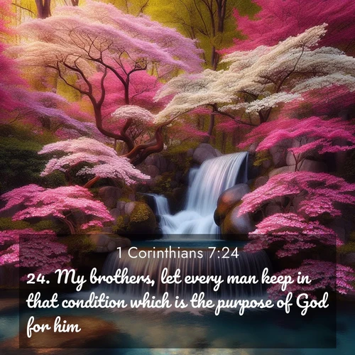 BasicEnglish 1 Corinthians  ; image nature: image with the bible verse :My brothers, let every man keep in that condition which is the purpose of God for him. ; Download Bible verse images paired with breathtaking nature photos like golden deserts, shimmering seas, and blossoming orchards. These high-quality, free images are perfect for wallpapers or sharing. Verses include KJV 1 Corinthians 7:24. Current verse is overlayed with the thematic nature scene : A spring cascade plunges into a pool surrounded by flowering dogwood. ; 7:24