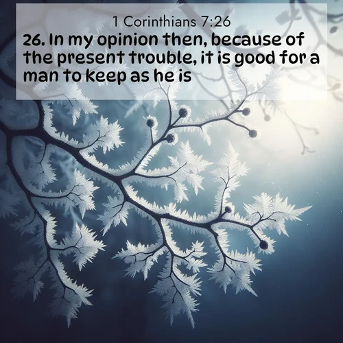 BasicEnglish 1 Corinthians  ; image nature: image with the bible verse :In my opinion then, because of the present trouble, it is good for a man to keep as he is. ; Dive into a gallery of Bible verses illustrated by tropical beach scenes, featuring sparkling waves, seashells, and radiant sunrises. These images evoke divine peace and joy. Download and share inspiring verses like KJV 1 Corinthians 7:26. Current verse is overlayed with the thematic nature scene : Winter frost coats bare branches in delicate crystal. ; 7:26