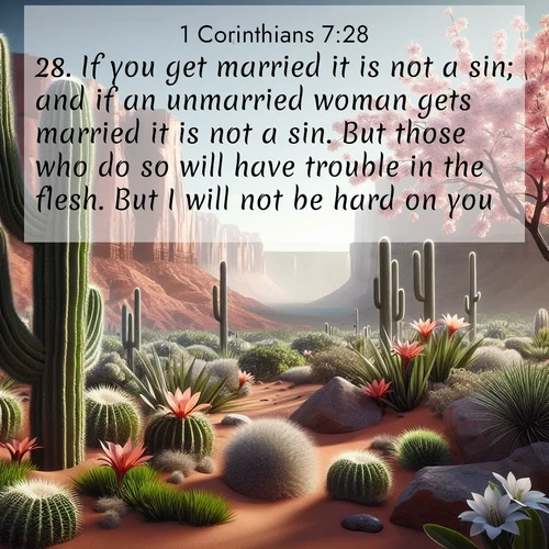 BasicEnglish 1 Corinthians  ; image nature: image with the bible verse :If you get married it is not a sin; and if an unmarried woman gets married it is not a sin. But those who do so will have trouble in the flesh. But I will not be hard on you. ; Discover Bible images capturing the essence of autumn, with wooded paths, golden fields, and swirling leaves. These scenes reflect the changing beauty of God&#039;s creation. Download verses like KJV 1 Corinthians 7:28. Current verse is overlayed with the thematic nature scene : Desert cacti burst with spring blooms against red sandstone formations. ; 7:28
