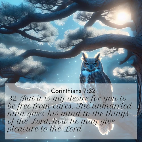BasicEnglish 1 Corinthians  ; image nature: image with the bible verse :But it is my desire for you to be free from cares. The unmarried man gives his mind to the things of the Lord, how he may give pleasure to the Lord: ; Browse our selection of stunning Bible verse images featuring unique natural scenes like fiery autumn forests, serene meadows, and starlit skies. Download and share verses like KJV 1 Corinthians 7:32 for free. Current verse is overlayed with the thematic nature scene : A great horned owl watches from ancient pine branches. Moonlight silvers its silent wings. ; 7:32
