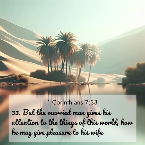 BasicEnglish 1 Corinthians  ; image nature: image with the bible verse :But the married man gives his attention to the things of this world, how he may give pleasure to his wife. ; Download high-resolution Bible verse images showcasing the beauty of God&#039;s creation—from radiant sunsets to tranquil rivers. Free for use as wallpapers or sharing verses like KJV 1 Corinthians 7:33. Current verse is overlayed with the thematic nature scene : A desert oasis shimmers in the midday heat, palm fronds rustling above still waters. ; 7:33