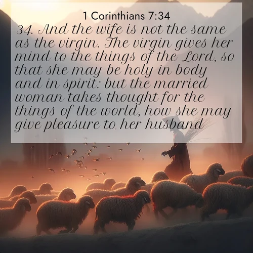 BasicEnglish 1 Corinthians  ; image nature: image with the bible verse :And the wife is not the same as the virgin. The virgin gives her mind to the things of the Lord, so that she may be holy in body and in spirit: but the married woman takes thought for the things of the world, how she may give pleasure to her husband. ; Discover a gallery of Bible verse images showcasing the beauty of autumn, with golden leaves, red forests, and peaceful fields bathed in soft light. These soothing scenes are perfect for accompanying inspiring verses like KJV 1 Corinthians 7:34. Current verse is overlayed with the thematic nature scene : A shepherd guides his flock home. Sunset paints wool golden red. ; 7:34