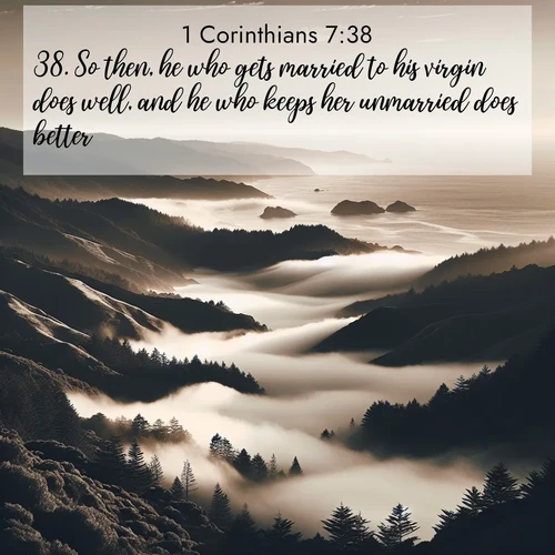 BasicEnglish 1 Corinthians  ; image nature: image with the bible verse :So then, he who gets married to his virgin does well, and he who keeps her unmarried does better. ; Admire stunning Bible verse images paired with photos of peaceful landscapes, such as foggy mornings, serene rivers, and blooming gardens. Download these free images and share verses like KJV 1 Corinthians 7:38. Current verse is overlayed with the thematic nature scene : Coastal fog rolls inland through gaps in seaside hills. ; 7:38