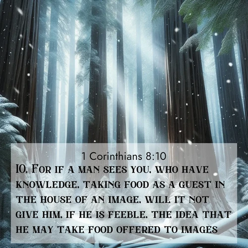 BBE 1 Corinthians 8:10 overlaying nature image scene: Snow falls silently on ancient redwoods. Shafts of light pierce through to illuminate the forest floor.;10. For if a man sees you, who have knowledge, taking food as a guest in the house of an image, will it not give him, if he is feeble, the idea that he may take food offered to images?
