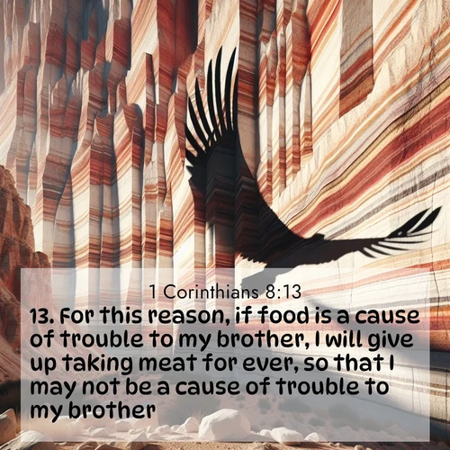 BBE 1 Corinthians 8:13 overlaying nature image scene: Desert varnish streaks ancient canyon walls. A condor's shadow glides across the patterns.;13. For this reason, if food is a cause of trouble to my brother, I will give up taking meat for ever, so that I may not be a cause of trouble to my brother.