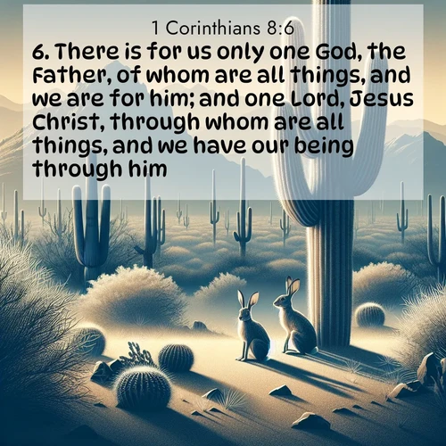 BBE 1 Corinthians 8:6 overlaying nature image scene: Desert jackrabbits pause in saguaro shade. Heat waves distort distant peaks.;6. There is for us only one God, the Father, of whom are all things, and we are for him; and one Lord, Jesus Christ, through whom are all things, and we have our being through him.