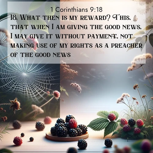 BBE 1 Corinthians 9:18 overlaying nature image scene: Wild blackberries ripen in secret hollows. Morning spider webs catch dew like diamonds.;18. What then is my reward? This, that when I am giving the good news, I may give it without payment, not making use of my rights as a preacher of the good news.