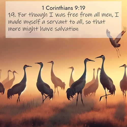 BasicEnglish 1 Corinthians  ; image nature: image with the bible verse :For though I was free from all men, I made myself a servant to all, so that more might have salvation. ; Discover Bible images illustrated by desert landscapes, like sand dunes, majestic rocks, and starry skies. These images symbolize the grandeur and immensity of God&#039;s creation. Download verses like KJV 1 Corinthians 9:19. Current verse is overlayed with the thematic nature scene : Sandhill cranes dance in morning mist. Their calls echo across the marsh. ; 9:19