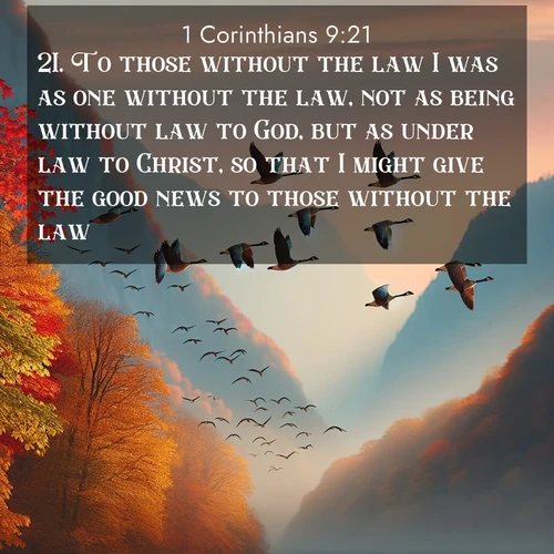 BBE 1 Corinthians 9:21 overlaying nature image scene: Wild geese arrow through autumn skies. Their calls echo off mountain walls.;21. To those without the law I was as one without the law, not as being without law to God, but as under law to Christ, so that I might give the good news to those without the law.
