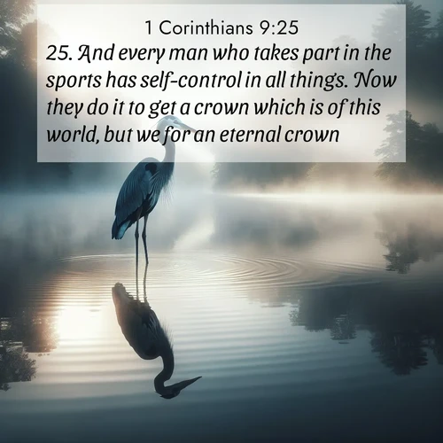 BBE 1 Corinthians 9:25 overlaying nature image scene: A great blue heron stands motionless in morning fog. Ripples spread from its reflection.;25. And every man who takes part in the sports has self-control in all things. Now they do it to get a crown which is of this world, but we for an eternal crown.