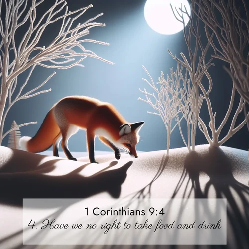 BBE 1 Corinthians 9:4 overlaying nature image scene: A red fox hunts through pristine snow. Moon shadows dance between bare trees.;4. Have we no right to take food and drink?
