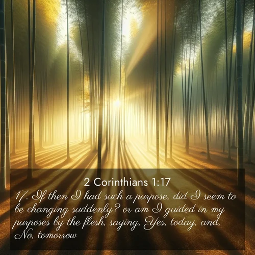 BasicEnglish 2 Corinthians  ; image nature: image with the bible verse :If then I had such a purpose, did I seem to be changing suddenly? or am I guided in my purposes by the flesh, saying, Yes, today, and, No, tomorrow? ; Admire Bible images evoking autumn, with warm colors of fallen leaves, harvested fields, and tranquil woods. These inspiring landscapes reflect the transition and beauty of God&#039;s creation. Download verses like KJV 2 Corinthians 1:17. Current verse is overlayed with the thematic nature scene : Morning mist parts to reveal a pristine bamboo grove. Golden light filters through the stems, casting striped shadows. ; 1:17