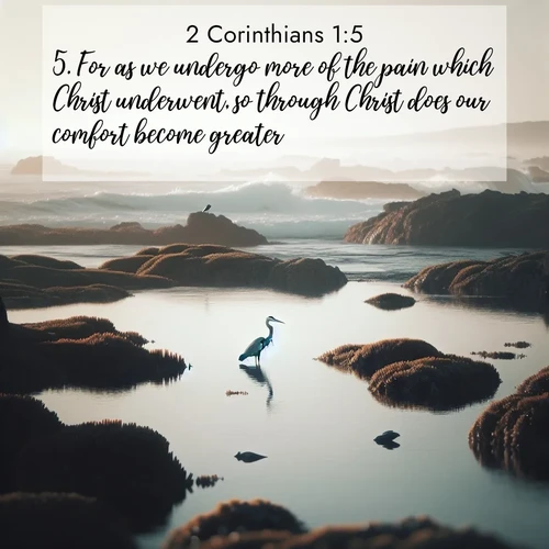 BasicEnglish 2 Corinthians  ; image nature: image with the bible verse :For as we undergo more of the pain which Christ underwent, so through Christ does our comfort become greater. ; Explore a collection of inspiring Bible verse images accompanied by winter photos, such as snowy landscapes, frosted trees, and frozen lakes. These images reflect the peace and purity of God&#039;s creation, with elegant fonts and luminous colors. Download and share verses like KJV 2 Corinthians 1:5. Current verse is overlayed with the thematic nature scene : A great blue heron fishes in tidal pools. Waves crash on distant reefs. ; 1:5