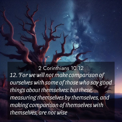 BasicEnglish 2 Corinthians  ; image nature: image with the bible verse :For we will not make comparison of ourselves with some of those who say good things about themselves: but these, measuring themselves by themselves, and making comparison of themselves with themselves, are not wise. ; Browse a large collection of Bible verse images with photos showcasing the splendor of nature. Scenes of peaceful rivers, verdant valleys, and radiant skies enhance the inspiring verses. Each image reflects the serenity and joy of God&#039;s creation, with elegant text fonts. Download and share verses such as KJV 2 Corinthians 10:12. Current verse is overlayed with the thematic nature scene : Ancient bristlecone pines twist toward stars. Time stands still in their presence. ; 10:12