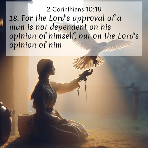 BasicEnglish 2 Corinthians  ; image nature: image with the bible verse :For the Lord&#039;s approval of a man is not dependent on his opinion of himself, but on the Lord&#039;s opinion of him. ; Explore a spring collection of Bible images, with landscapes of green hills, wildflowers, and crystal-clear streams. These images symbolize the blossoming of God&#039;s creation. Download verses like KJV 2 Corinthians 10:18. Current verse is overlayed with the thematic nature scene : A falconer releases his bird. Wind lifts magnificent wings. ; 10:18