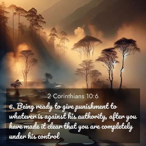 BasicEnglish 2 Corinthians  ; image nature: image with the bible verse :Being ready to give punishment to whatever is against his authority, after you have made it clear that you are completely under his control. ; Discover Bible images illustrated by desert landscapes, like sand dunes, majestic rocks, and starry skies. These images symbolize the grandeur and immensity of God&#039;s creation. Download verses like KJV 2 Corinthians 10:6. Current verse is overlayed with the thematic nature scene : Morning mist rises from thermal pools. Steam dragons dance in golden light. ; 10:6