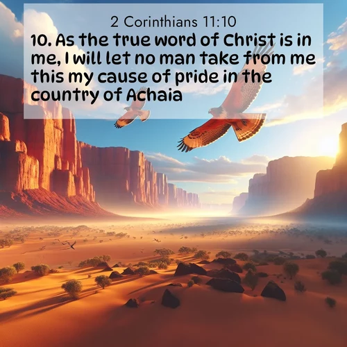 BasicEnglish 2 Corinthians  ; image nature: image with the bible verse :As the true word of Christ is in me, I will let no man take from me this my cause of pride in the country of Achaia. ; Dive into our collection of Bible verses paired with breathtaking desert landscapes, featuring infinite dunes, shaded oases, and desert sunsets. These images highlight the majestic grandeur of God&#039;s creation. Download and share verses like KJV 2 Corinthians 11:10. Current verse is overlayed with the thematic nature scene : Desert hawks soar thermal currents. Red cliffs catch golden light. ; 11:10