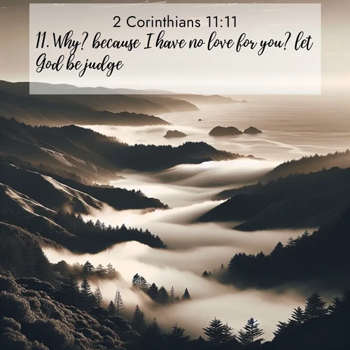 BasicEnglish 2 Corinthians  ; image nature: image with the bible verse :Why? because I have no love for you? let God be judge. ; Discover Bible images capturing the splendor of deserts, with golden dunes, vast skies, and peaceful oases. These landscapes highlight the grandeur and serenity of God&#039;s creation. Share verses like KJV 2 Corinthians 11:11. Current verse is overlayed with the thematic nature scene : Coastal fog rolls inland through gaps in seaside hills. ; 11:11