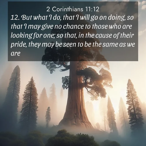 BasicEnglish 2 Corinthians  ; image nature: image with the bible verse :But what I do, that I will go on doing, so that I may give no chance to those who are looking for one; so that, in the cause of their pride, they may be seen to be the same as we are. ; Explore a collection of inspiring Bible verse images accompanied by winter photos, such as snowy landscapes, frosted trees, and frozen lakes. These images reflect the peace and purity of God&#039;s creation, with elegant fonts and luminous colors. Download and share verses like KJV 2 Corinthians 11:12. Current verse is overlayed with the thematic nature scene : A giant sequoia reaches through morning fog. Centuries of growth stretch skyward in silent majesty. ; 11:12