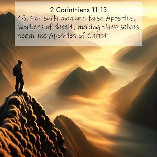 BasicEnglish 2 Corinthians  ; image nature: image with the bible verse :For such men are false Apostles, workers of deceit, making themselves seem like Apostles of Christ. ; Admire Bible verse images illustrated by summer photos, such as sunny beaches, sparkling waves, and swaying palm trees. These bright scenes highlight the joy and warmth of God&#039;s creation. Download and share verses like KJV 2 Corinthians 11:13. Current verse is overlayed with the thematic nature scene : A solitary climber watches sunrise from a knife-edge ridge. Golden light spills into valleys of morning mist. ; 11:13