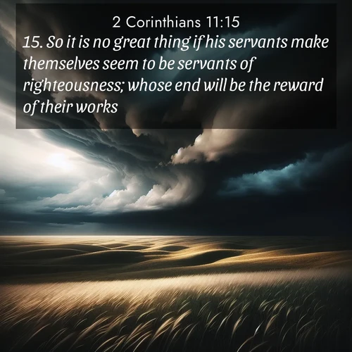 BasicEnglish 2 Corinthians  ; image nature: image with the bible verse :So it is no great thing if his servants make themselves seem to be servants of righteousness; whose end will be the reward of their works. ; Explore Bible verse images highlighting the beauty of spring, with vibrant flowers, butterflies, and blossoming fruit trees. These scenes evoke divine hope and renewal. Download inspiring verses like KJV 2 Corinthians 11:15. Current verse is overlayed with the thematic nature scene : Storm clouds gather over windswept grasslands, prairie grass rippling like waves beneath the darkening sky. ; 11:15