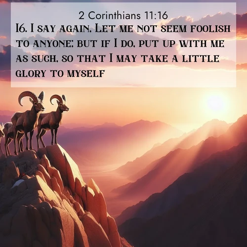 BasicEnglish 2 Corinthians  ; image nature: image with the bible verse :I say again, Let me not seem foolish to anyone; but if I do, put up with me as such, so that I may take a little glory to myself. ; Admire Bible verse images capturing the beauty of beaches, with turquoise waters, palm trees, and peaceful shores. These soothing scenes reflect God&#039;s serenity and majesty. Download and share verses like KJV 2 Corinthians 11:16. Current verse is overlayed with the thematic nature scene : Desert bighorns pause on a knife-edge ridge. Sunset paints their horns in gold. ; 11:16