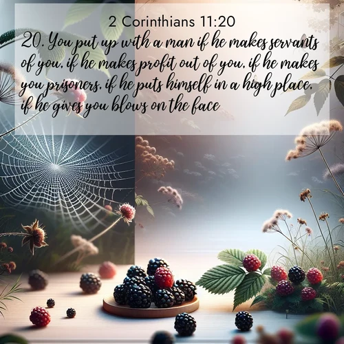 BasicEnglish 2 Corinthians  ; image nature: image with the bible verse :You put up with a man if he makes servants of you, if he makes profit out of you, if he makes you prisoners, if he puts himself in a high place, if he gives you blows on the face. ; Admire Bible verse images capturing the beauty of beaches, with turquoise waters, palm trees, and peaceful shores. These soothing scenes reflect God&#039;s serenity and majesty. Download and share verses like KJV 2 Corinthians 11:20. Current verse is overlayed with the thematic nature scene : Wild blackberries ripen in secret hollows. Morning spider webs catch dew like diamonds. ; 11:20
