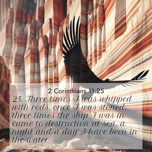 BasicEnglish 2 Corinthians  ; image nature: image with the bible verse :Three times I was whipped with rods, once I was stoned, three times the ship I was in came to destruction at sea, a night and a day I have been in the water; ; Browse beautiful Bible verse images accompanied by peaceful scenes like calm seas, ancient forests, and radiant horizons. Download high-quality, free images featuring verses such as KJV 2 Corinthians 11:25. Current verse is overlayed with the thematic nature scene : Desert varnish streaks ancient canyon walls. A condor&#039;s shadow glides across the patterns. ; 11:25