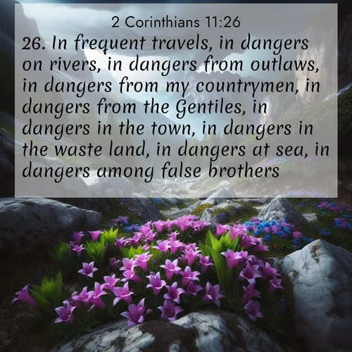 BasicEnglish 2 Corinthians  ; image nature: image with the bible verse :In frequent travels, in dangers on rivers, in dangers from outlaws, in dangers from my countrymen, in dangers from the Gentiles, in dangers in the town, in dangers in the waste land, in dangers at sea, in dangers among false brothers; ; Browse beautiful Bible verse images accompanied by peaceful scenes like calm seas, ancient forests, and radiant horizons. Download high-quality, free images featuring verses such as KJV 2 Corinthians 11:26. Current verse is overlayed with the thematic nature scene : Alpine gentians bloom in rocky crevices. Summer storms gather above treeline. ; 11:26