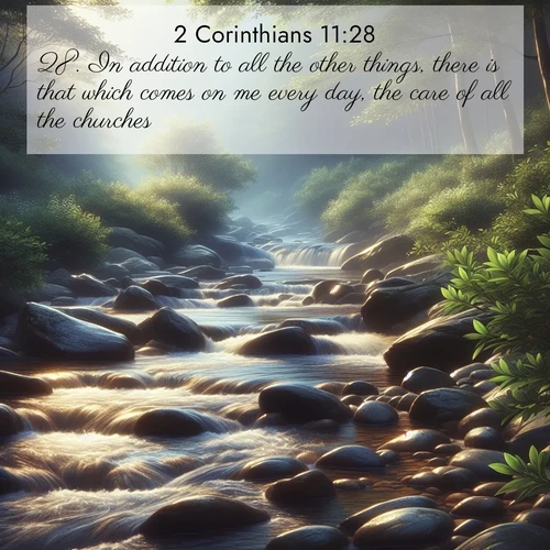 BasicEnglish 2 Corinthians  ; image nature: image with the bible verse :In addition to all the other things, there is that which comes on me every day, the care of all the churches. ; Explore a stunning collection of Bible verse images featuring picturesque scenery like sun-drenched meadows, tranquil lakes, and majestic forests. All images are free to download and share. Verses include KJV 2 Corinthians 11:28. Current verse is overlayed with the thematic nature scene : A mountain stream tumbles over smooth rocks between banks of mountain laurel. ; 11:28