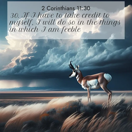 BasicEnglish 2 Corinthians  ; image nature: image with the bible verse :If I have to take credit to myself, I will do so in the things in which I am feeble. ; Discover beautiful Bible verse images that combine inspiring scripture with captivating nature photos. Download high-quality images featuring lush valleys, peaceful streams, and endless horizons like KJV 2 Corinthians 11:30. Current verse is overlayed with the thematic nature scene : A pronghorn pauses on wind-swept plains. Storm clouds build dark towers above. ; 11:30