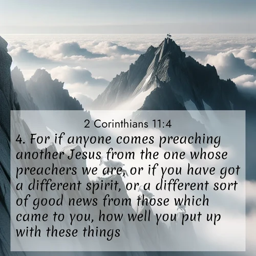 BasicEnglish 2 Corinthians  ; image nature: image with the bible verse :For if anyone comes preaching another Jesus from the one whose preachers we are, or if you have got a different spirit, or a different sort of good news from those which came to you, how well you put up with these things. ; Explore a collection of Bible verses paired with springtime scenes, featuring blooming flowers, lush meadows, and trees in full bloom. These images symbolize divine renewal and hope. Download inspiring verses like KJV 2 Corinthians 11:4. Current verse is overlayed with the thematic nature scene : Mountain goats navigate impossible peaks. Clouds swirl beneath their sure feet. ; 11:4