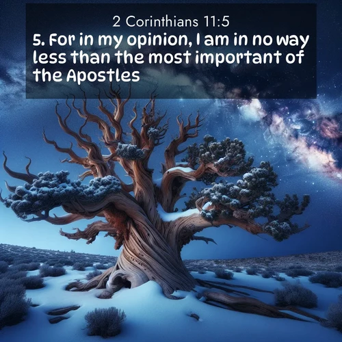 BasicEnglish 2 Corinthians  ; image nature: image with the bible verse :For in my opinion, I am in no way less than the most important of the Apostles. ; Admire our gallery of Bible verse images showcasing divine beauty in nature—whether snowy peaks or serene oceans. Each image is freely downloadable and perfect for personal or spiritual use. Share verses like KJV 2 Corinthians 11:5. Current verse is overlayed with the thematic nature scene : Ancient bristlecone pine twists against a navy twilight sky, its gnarled branches laden with fresh snow. The Milky Way arcs overhead in crystalline clarity. ; 11:5