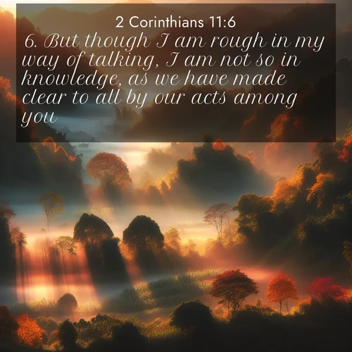 BasicEnglish 2 Corinthians  ; image nature: image with the bible verse :But though I am rough in my way of talking, I am not so in knowledge, as we have made clear to all by our acts among you. ; Discover a gallery of Bible verse images showcasing the beauty of autumn, with golden leaves, red forests, and peaceful fields bathed in soft light. These soothing scenes are perfect for accompanying inspiring verses like KJV 2 Corinthians 11:6. Current verse is overlayed with the thematic nature scene : Autumn mist rises from warming morning valleys. ; 11:6