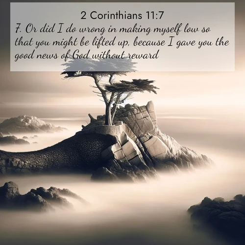 BasicEnglish 2 Corinthians  ; image nature: image with the bible verse :Or did I do wrong in making myself low so that you might be lifted up, because I gave you the good news of God without reward? ; Admire Bible images evoking autumn, with warm colors of fallen leaves, harvested fields, and tranquil woods. These inspiring landscapes reflect the transition and beauty of God&#039;s creation. Download verses like KJV 2 Corinthians 11:7. Current verse is overlayed with the thematic nature scene : A lone cypress stands sentinel on a wave-carved point. Pacific storms have shaped its every branch. ; 11:7