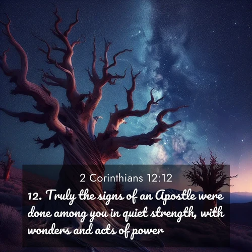 BasicEnglish 2 Corinthians  ; image nature: image with the bible verse :Truly the signs of an Apostle were done among you in quiet strength, with wonders and acts of power. ; Admire Bible verse images featuring tranquil rivers, golden fields, and starry heavens. These free-to-download images make inspiring wallpapers or thoughtful gifts. Download KJV 2 Corinthians 12:12 now. Current verse is overlayed with the thematic nature scene : Ancient bristlecone pines twist toward stars. Time stands still in their presence. ; 12:12