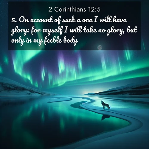 BasicEnglish 2 Corinthians  ; image nature: image with the bible verse :On account of such a one I will have glory: for myself I will take no glory, but only in my feeble body. ; Browse our selection of stunning Bible verse images featuring unique natural scenes like fiery autumn forests, serene meadows, and starlit skies. Download and share verses like KJV 2 Corinthians 12:5 for free. Current verse is overlayed with the thematic nature scene : Northern lights dance across a frozen lake in ribbons of green and purple. A lone wolf howls from the distant shore. ; 12:5