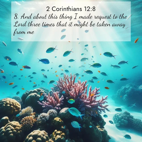 BasicEnglish 2 Corinthians  ; image nature: image with the bible verse :And about this thing I made request to the Lord three times that it might be taken away from me. ; Explore beautiful Bible verse images paired with serene natural settings, such as calm seas, snowy paths, and verdant hills. Each image is free to download for your spiritual inspiration. Share KJV 2 Corinthians 12:8. Current verse is overlayed with the thematic nature scene : Tropical fish dart through coral reefs in crystal-clear waters. ; 12:8
