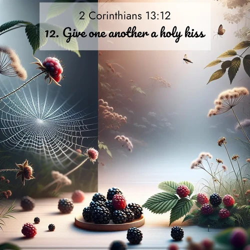 BasicEnglish 2 Corinthians  ; image nature: image with the bible verse :Give one another a holy kiss. ; Explore Bible verse images beautifully illustrated with spring scenes, such as blooming meadows, trees in full bloom, and tranquil streams. These landscapes convey divine hope and vitality. Download and share verses like KJV 2 Corinthians 13:12. Current verse is overlayed with the thematic nature scene : Wild blackberries ripen in secret hollows. Morning spider webs catch dew like diamonds. ; 13:12