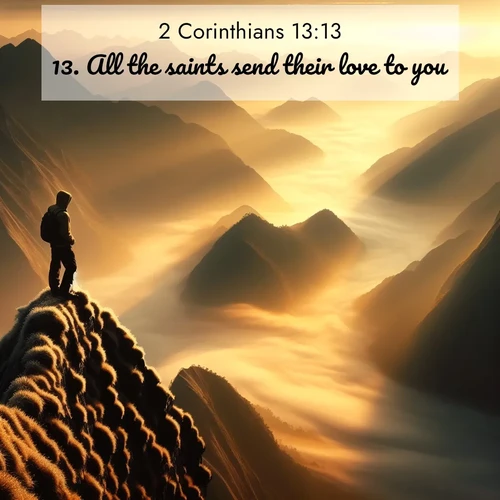 BasicEnglish 2 Corinthians  ; image nature: image with the bible verse :All the saints send their love to you. ; Admire Bible verse images illustrated by summer photos, such as sunny beaches, sparkling waves, and swaying palm trees. These bright scenes highlight the joy and warmth of God&#039;s creation. Download and share verses like KJV 2 Corinthians 13:13. Current verse is overlayed with the thematic nature scene : A solitary climber watches sunrise from a knife-edge ridge. Golden light spills into valleys of morning mist. ; 13:13