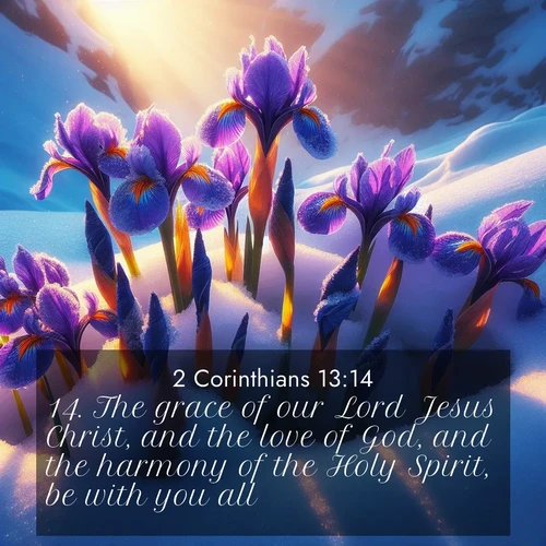 BBE 2 Corinthians 13:14 overlaying nature image scene: Wild iris blooms pierce through melting snow. Alpine sunlight ignites their petals.;14. The grace of our Lord Jesus Christ, and the love of God, and the harmony of the Holy Spirit, be with you all.